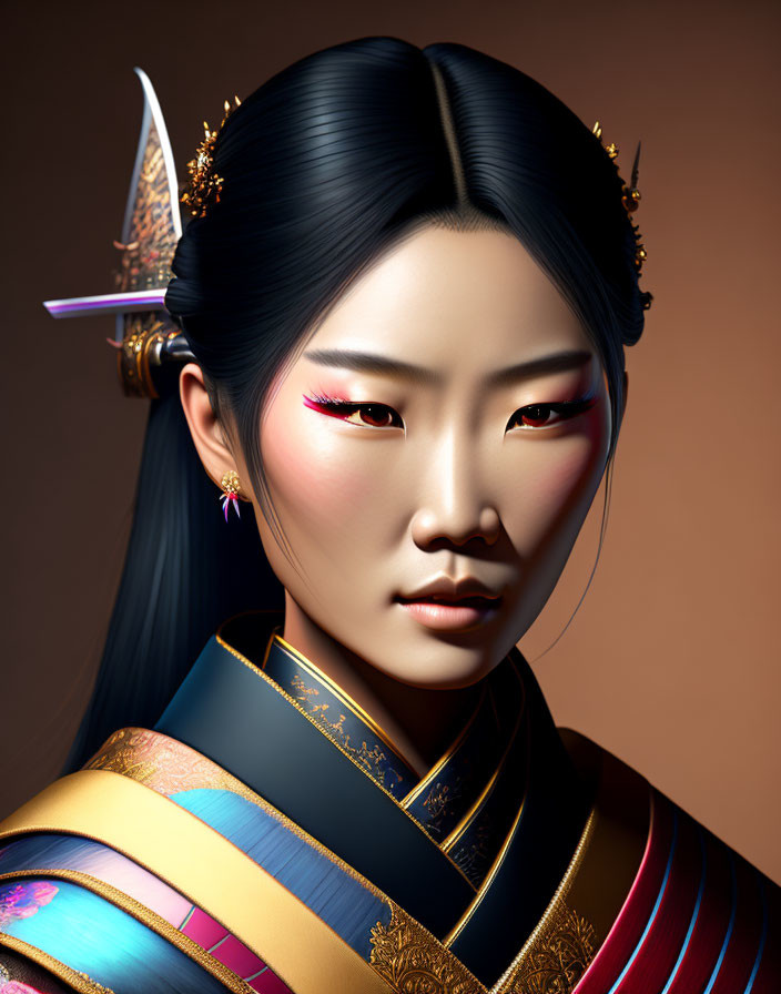 East Asian Female Figure in Traditional Attire with Hairpins and Intricate Makeup