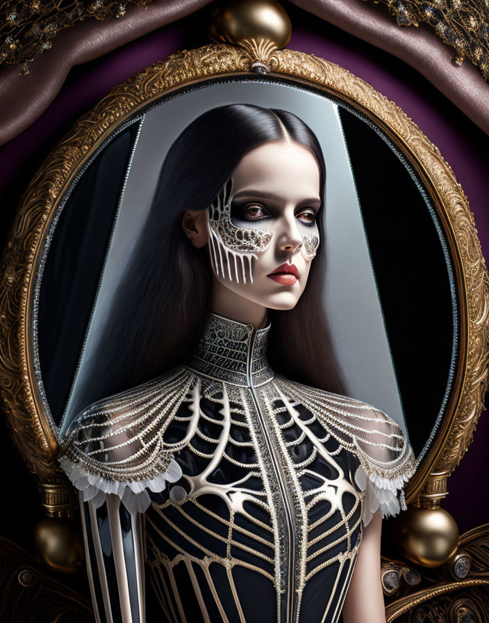 Digital Artwork: Woman in Gothic Skull Makeup & High-Collared Outfit by Ornate Oval