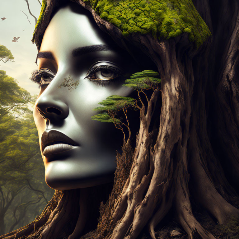 Surreal image: Woman's face merges with tree, bark skin, forest background