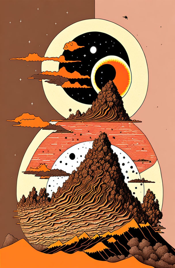 Surreal landscape with volcanic mountain and celestial bodies