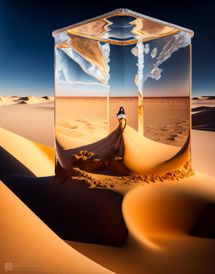 Person under oversized hourglass with sand on desert dune