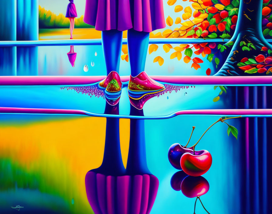 Colorful surreal painting of woman's reflection on water with cherry and trees.