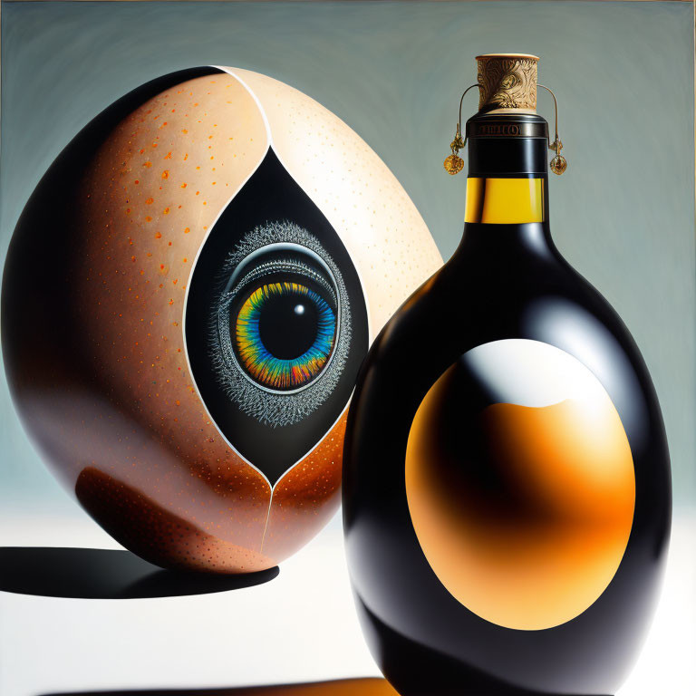 Surreal artwork: Large sphere with eye pattern next to spherical bottle on neutral background