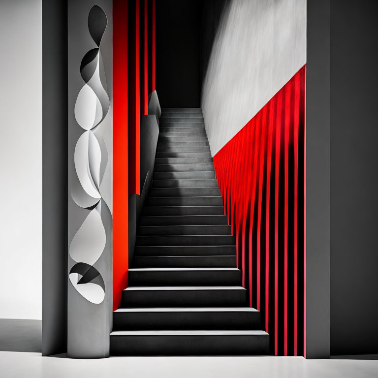 Monochrome staircase with red and black geometric shapes and stripes