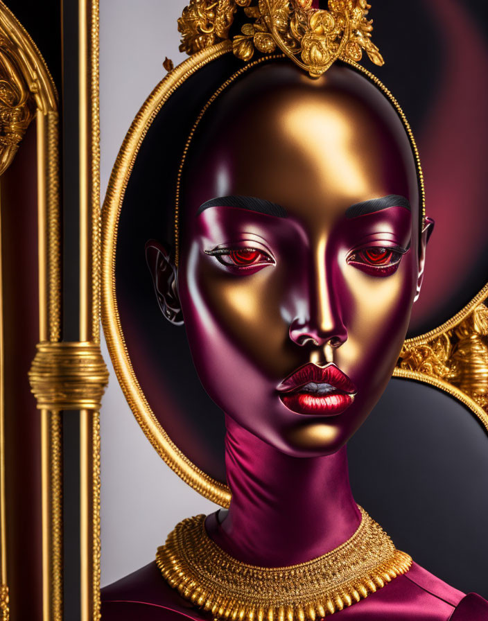 Regal figure with golden accents and red makeup in ornate setting