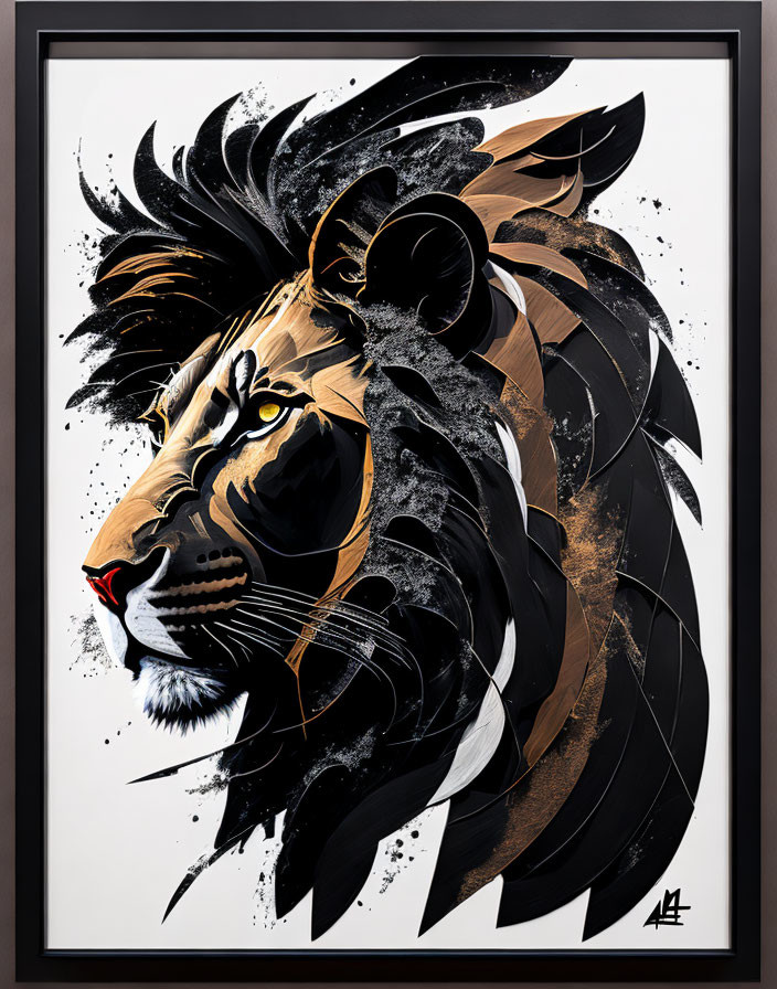 Stylized lion head art with black, gold strokes on white background