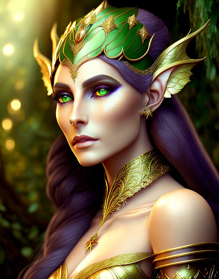 Digital art portrait: Elf with violet hair, blue eyes, golden crown and armor, in verdant