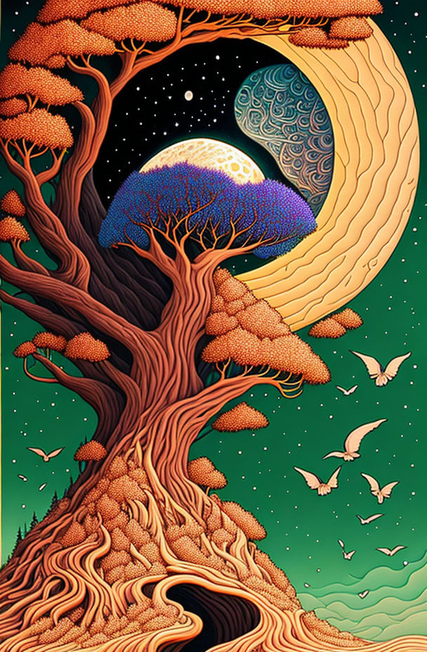 Stylized image of large tree with orange leaves under starry sky