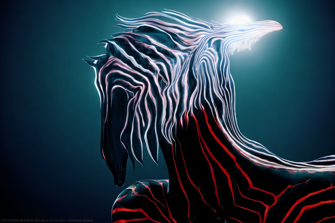 Stylized glowing neon horse with flowing lines on dark background