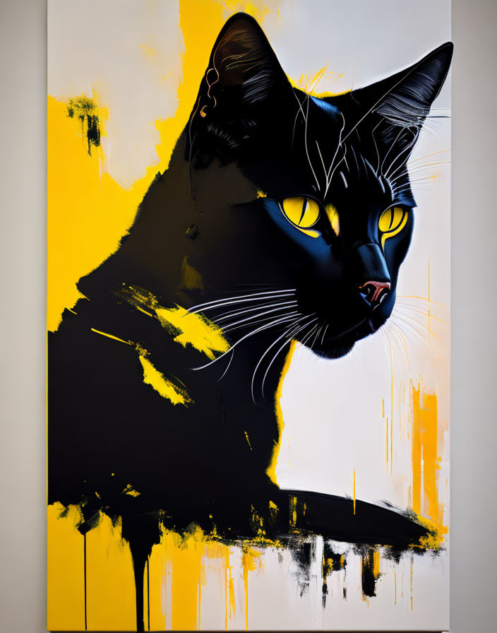 Abstract Black Cat Painting with Yellow Eyes on Yellow and White Canvas