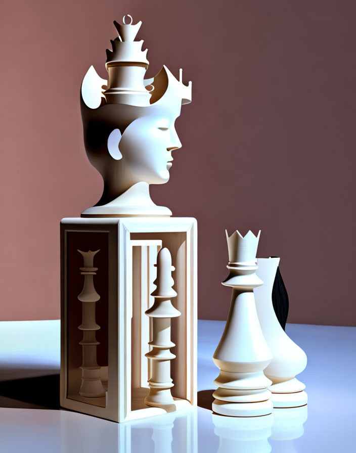 Detailed 3D illustration of human-like queen among chess pieces