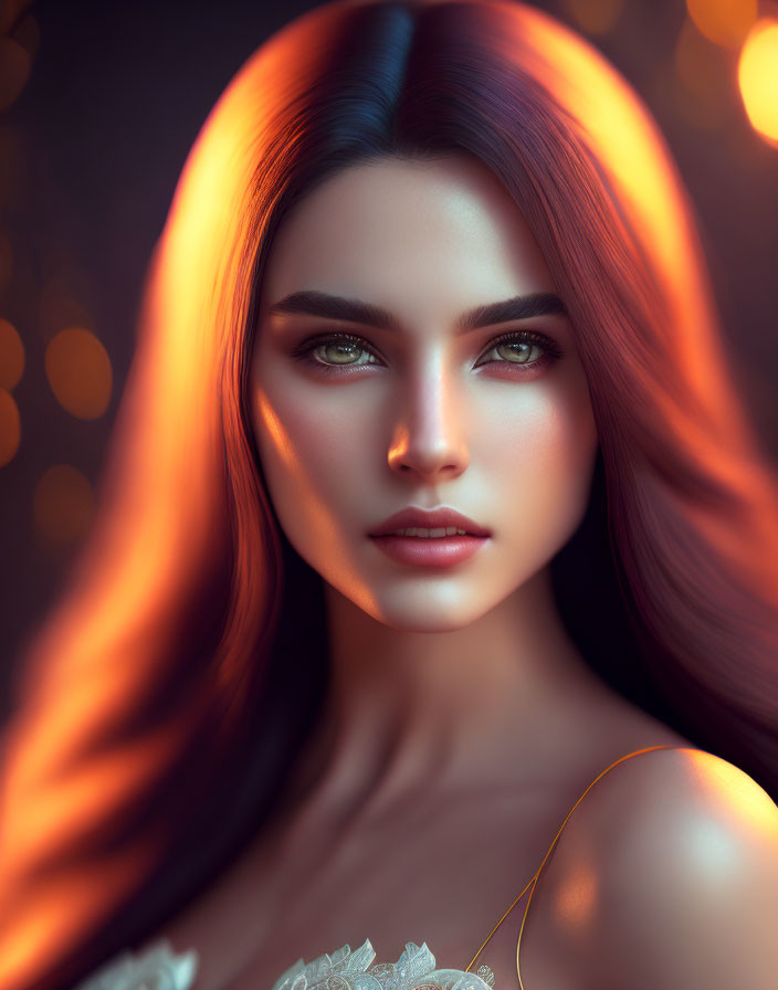 Woman with Glowing Red Hair and Green Eyes in Mystical Digital Art