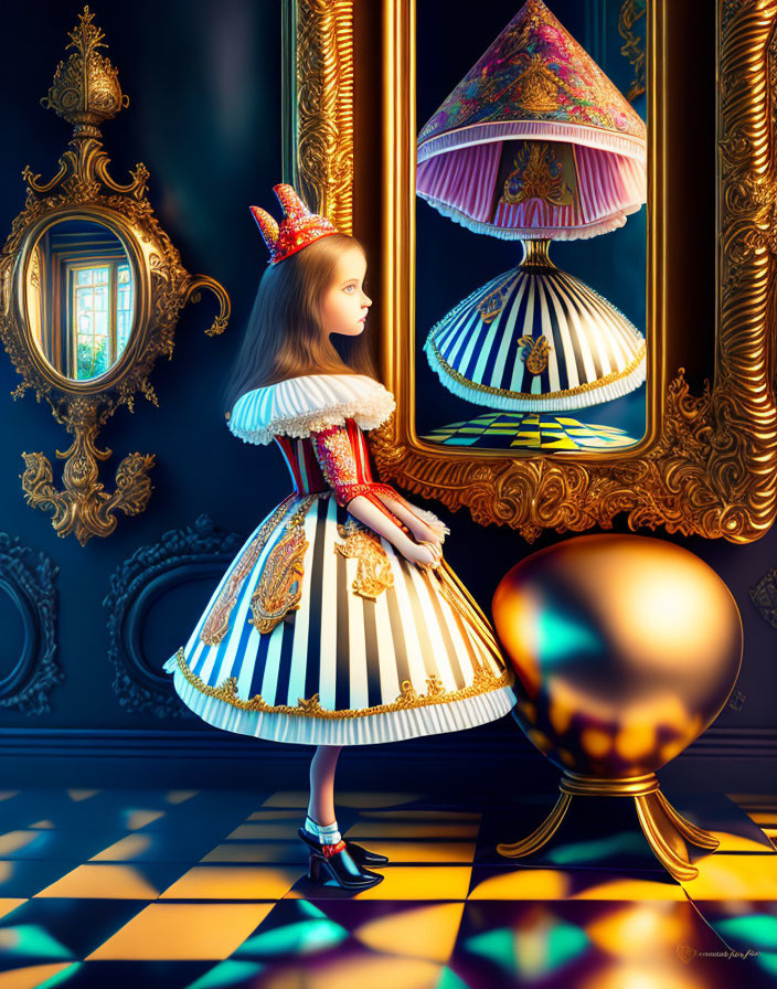 Baroque-style dressed girl gazes at floating lamp in checkerboard room