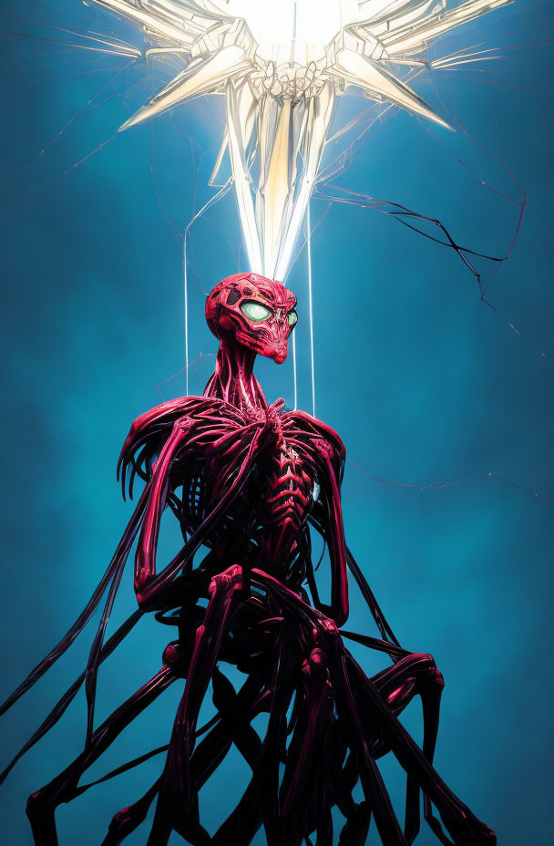 Illustration of red muscular figure with glowing eye under sci-fi structure.