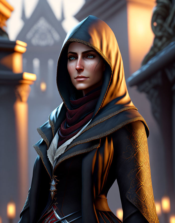 Digital artwork of a woman with blue eyes in hooded cloak with golden patterns against architectural backdrop