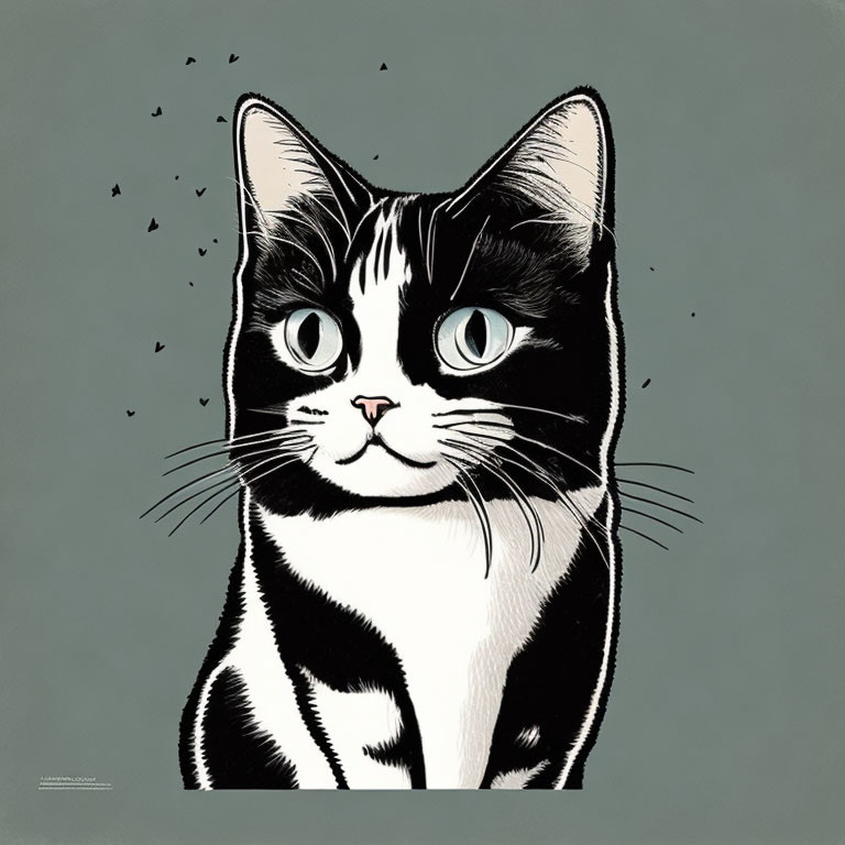 Illustrated black and white cat with green eyes and birds on teal background