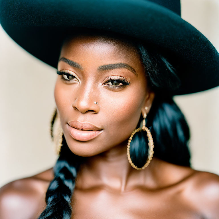 Portrait of woman with dark skin, black hat, large braid, and hoop earrings