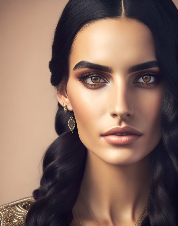 Portrait of Woman with Dark Braided Hair and Smoky Eye Makeup