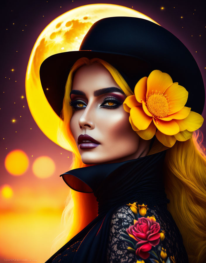 Stylized portrait of woman with golden hair, dramatic makeup, wearing hat and black outfit with floral