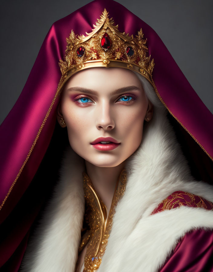 Regal woman with blue eyes, golden crown, magenta cloak