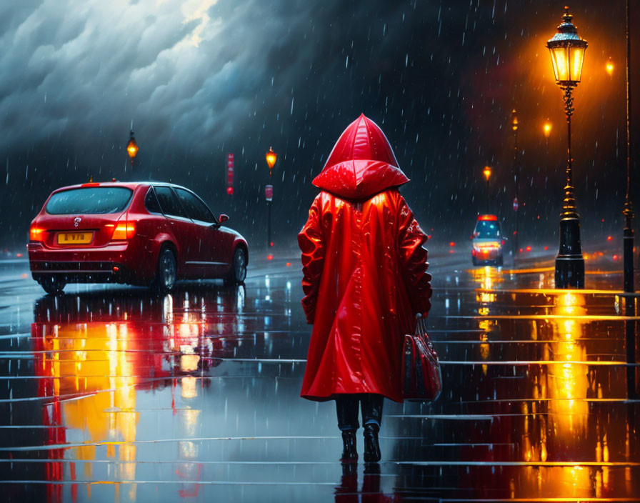 Night scene: Person in red raincoat on wet street with street lamps and passing cars.