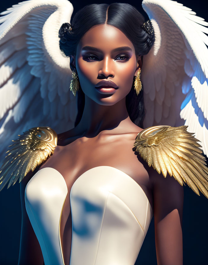 Digital artwork: Woman with angelic wings, gold feathered earrings, white dress.