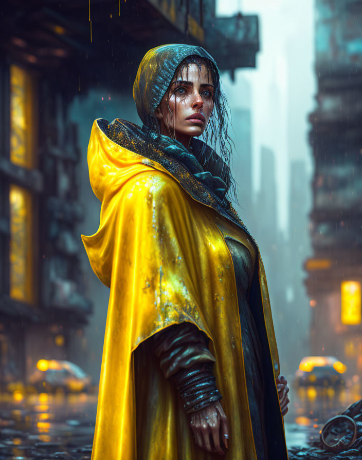 Person in Yellow Cloak Stands in Rainy Urban Setting