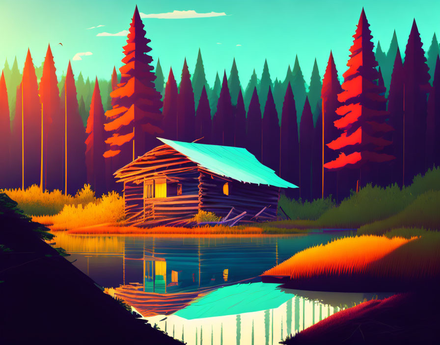 Scenic illustration of secluded cabin by tranquil lake