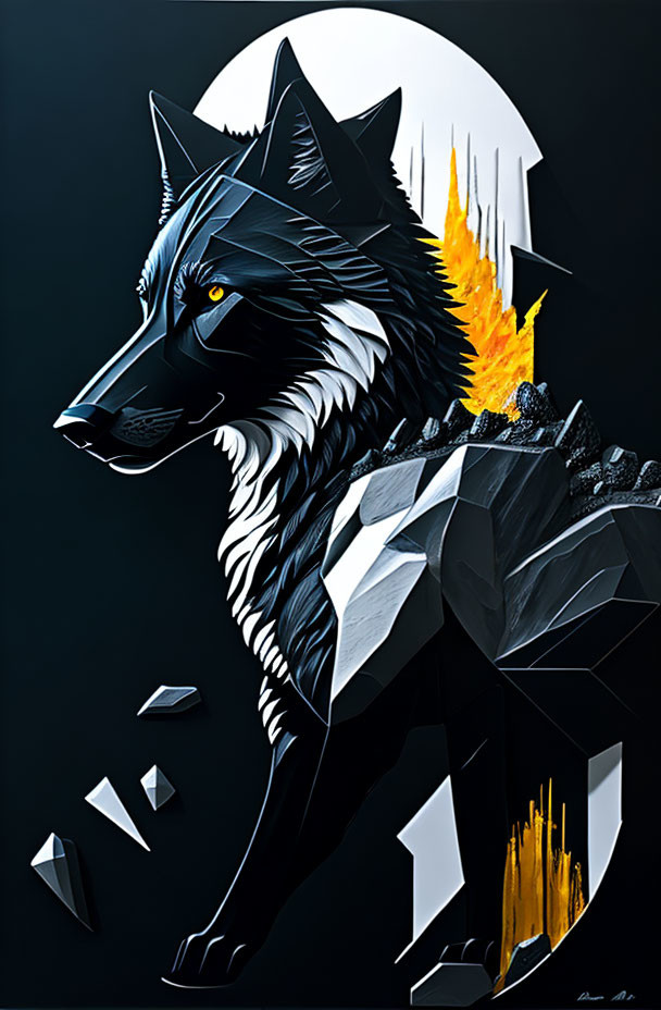 Geometric black wolf with fiery orange accents on moonlit background