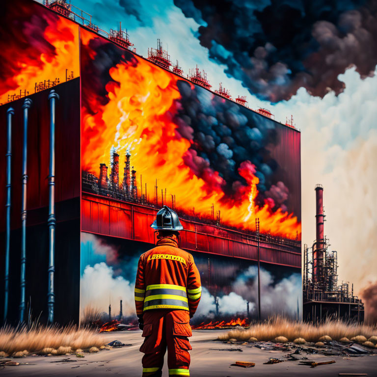 Firefighter in protective gear at massive industrial blaze with towering flames and thick smoke.