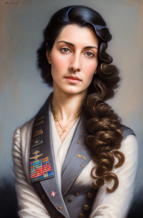 Portrait of Woman in Military Attire with Dark Hair