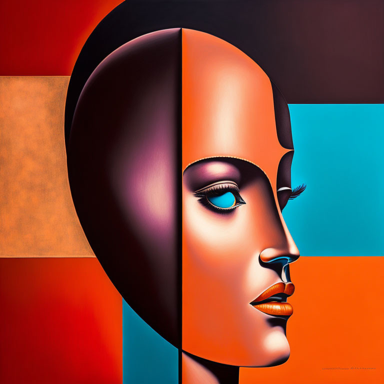 Surreal Bifurcated Face with Geometric Backgrounds and Hyperrealistic Detail