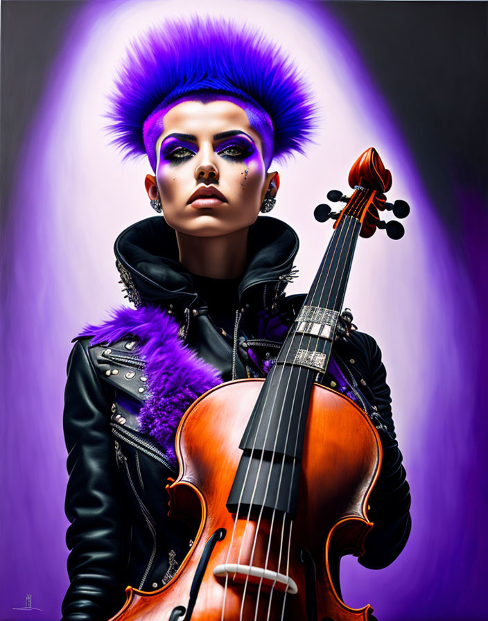 Vivid purple spiky hair person with violin on purple background