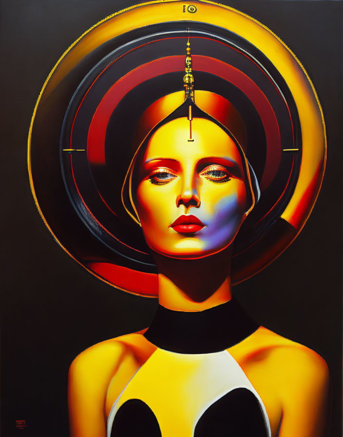 Portrait of Woman with Concentric Circles and Color Gradients on Dark Background