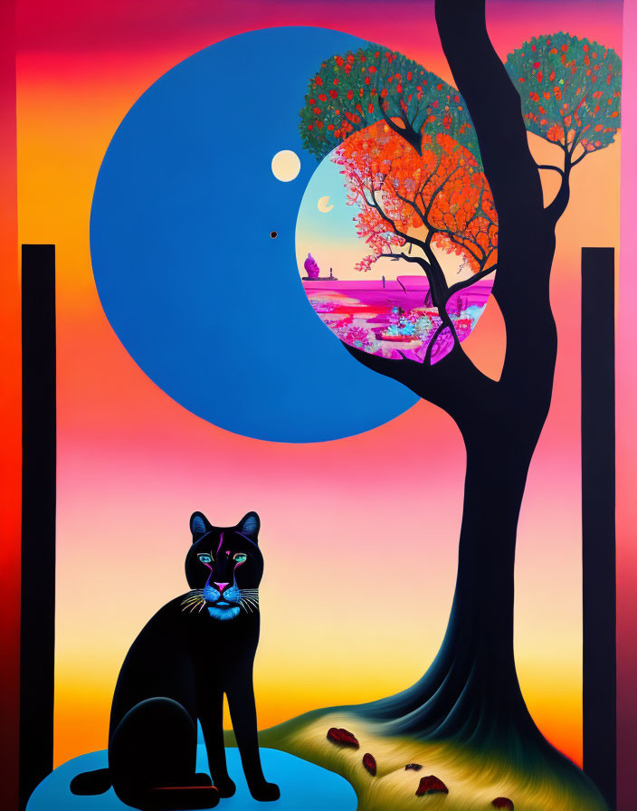 Colorful Artwork Featuring Black Cat and Surreal Tree Landscape