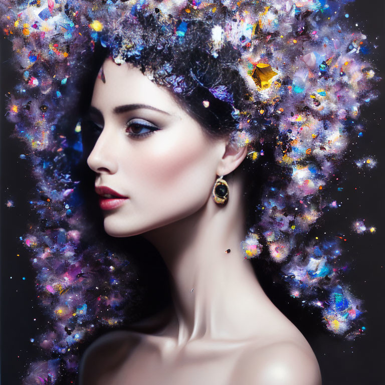 Cosmic-themed makeup and starry night sky hair in vibrant colors