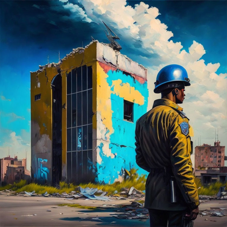 Police officer in blue helmet surveys crumbling, colorful building under dramatic sky