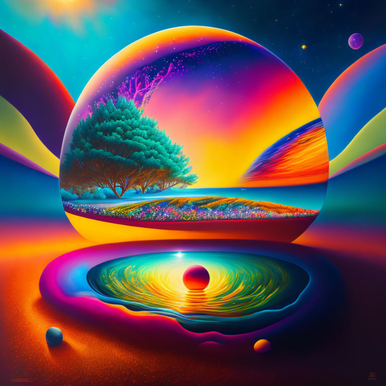 Colorful surreal landscape with tree in spherical boundary, hills, water, celestial bodies