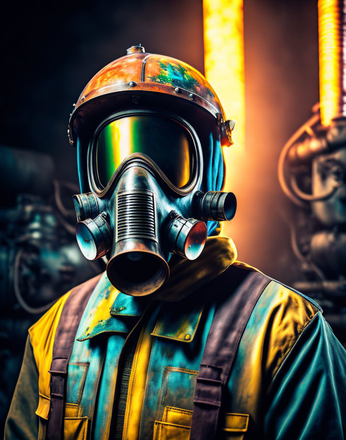 Person in Gas Mask and Helmet in Industrial Setting with Glowing Orange Pipes