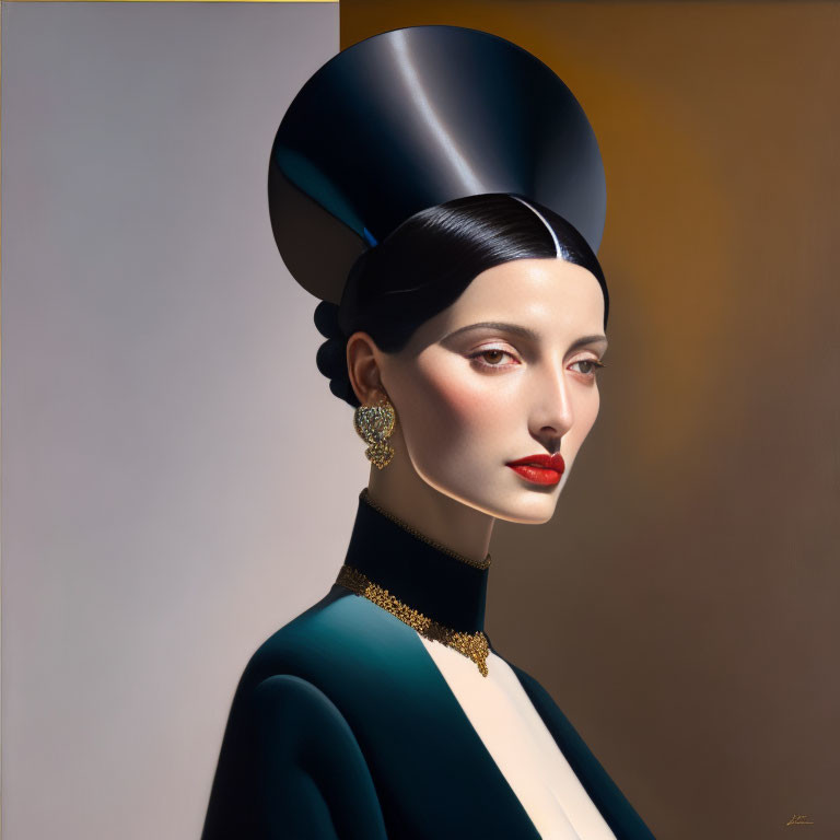 Digital portrait of woman with elongated neck, high headdress, gold accessories, and dark green attire