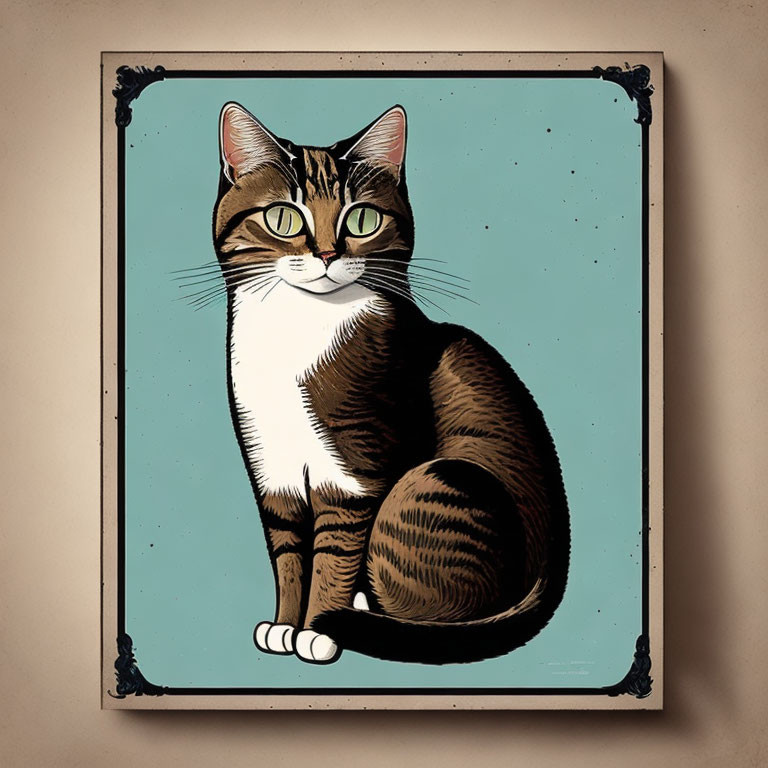 Stylized brown and white cat illustration with green eyes in ornate black border