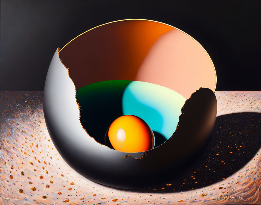 Surreal painting: Spiral object with brown, orange, and blue gradients, spheres on speck