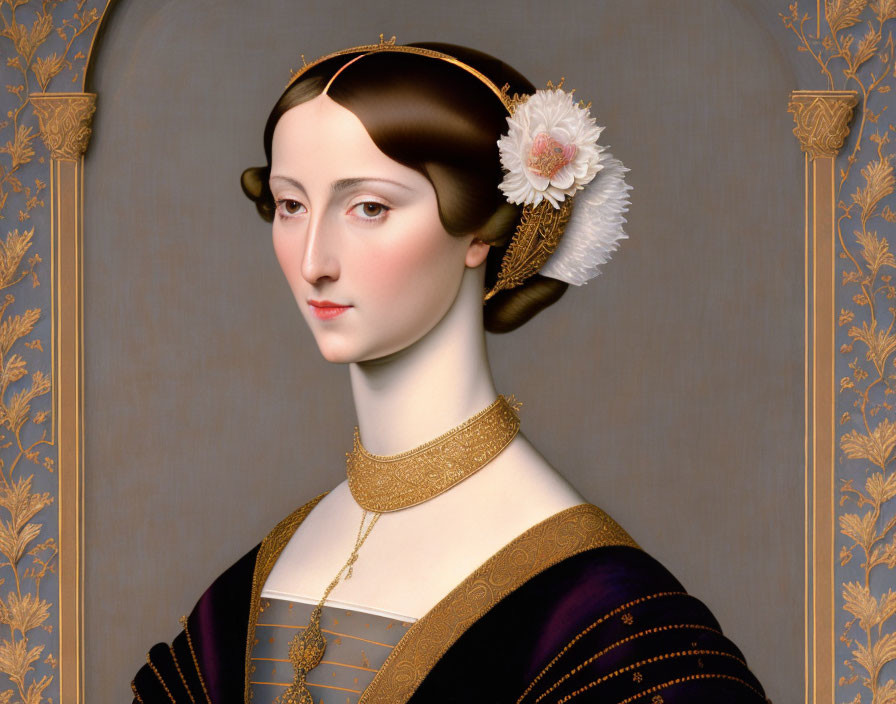 Portrait of woman with solemn expression, white flower in hair, gold necklace, dark gown.