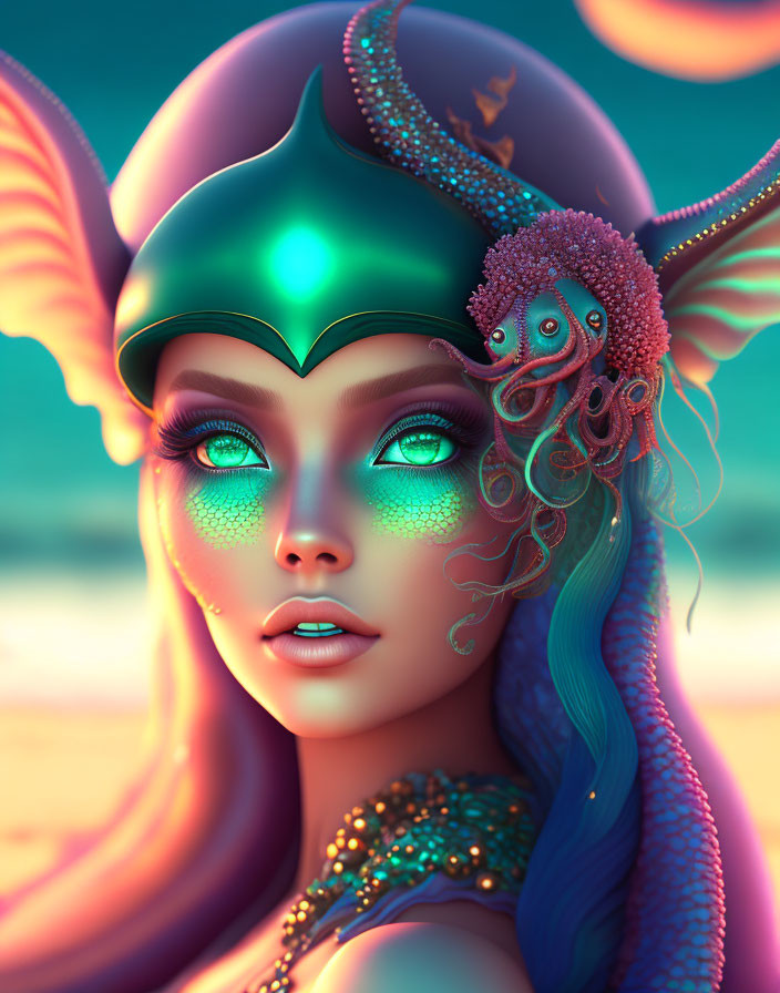 Portrait of woman with teal scales, horns, oceanic hair, octopus, and green helm