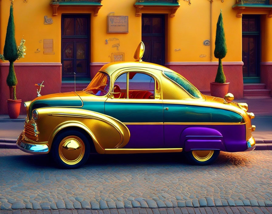 Multicolored classic car on cobblestone street with colorful buildings.