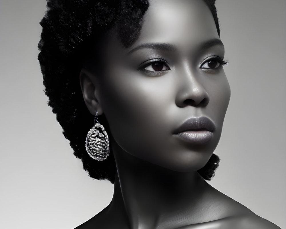 Grayscale portrait of a woman with elegant earrings and styled natural hair.