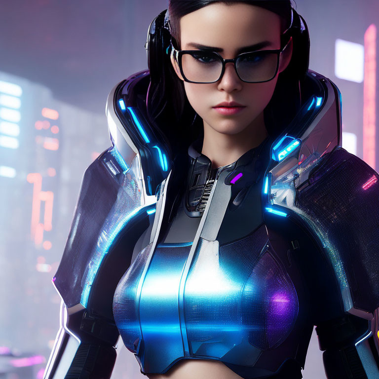 Futuristic female character in sleek armor with glowing blue elements, headphones, and glasses in neon-l