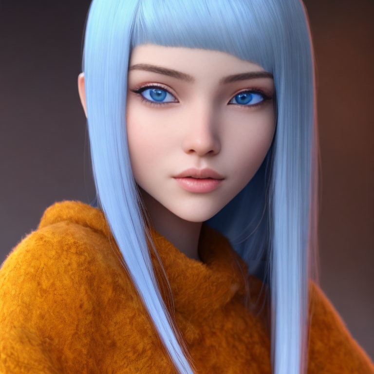 Digital portrait of female character with blue eyes, pale skin, and long blue hair in orange garment