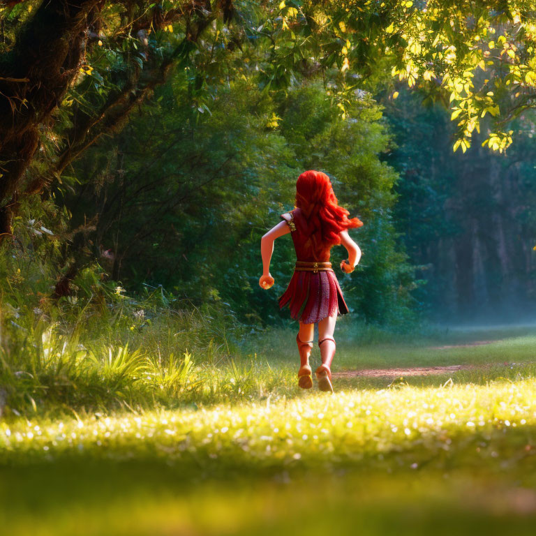 Red-haired person in purple and red outfit walking on sunlit forest path