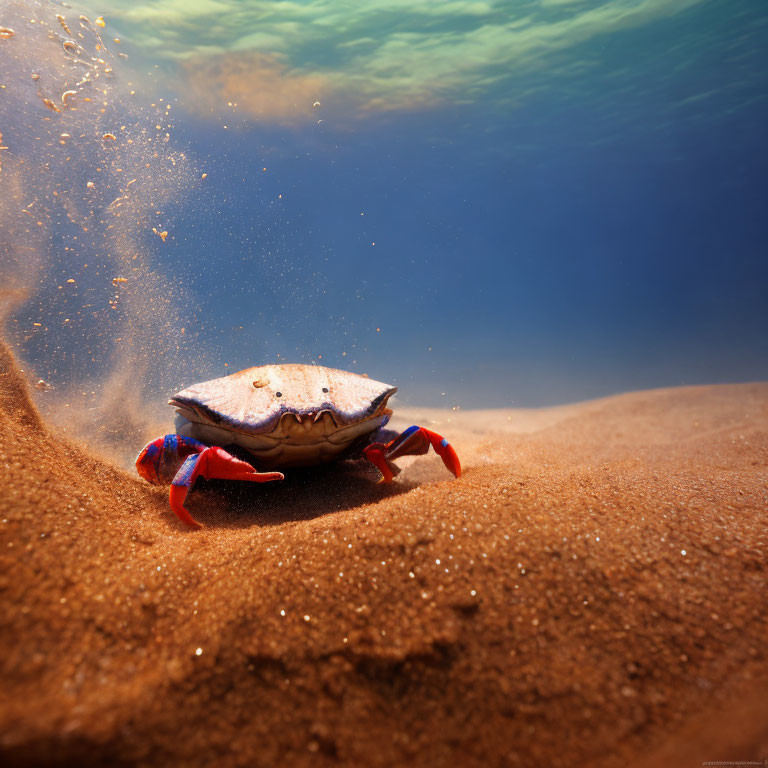 Vibrant red clawed crab on sandy seabed in shallow water